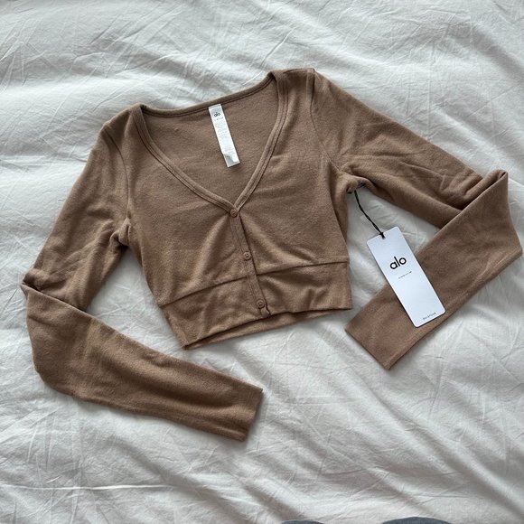 ALO YOGA - ALOLUX CROPPED ME TIME CARDIGAN in Toasted Almond - Picture 2 of 7